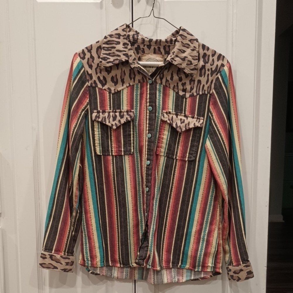 Multicolor Striped Button Down Shirt with Leopard Accents